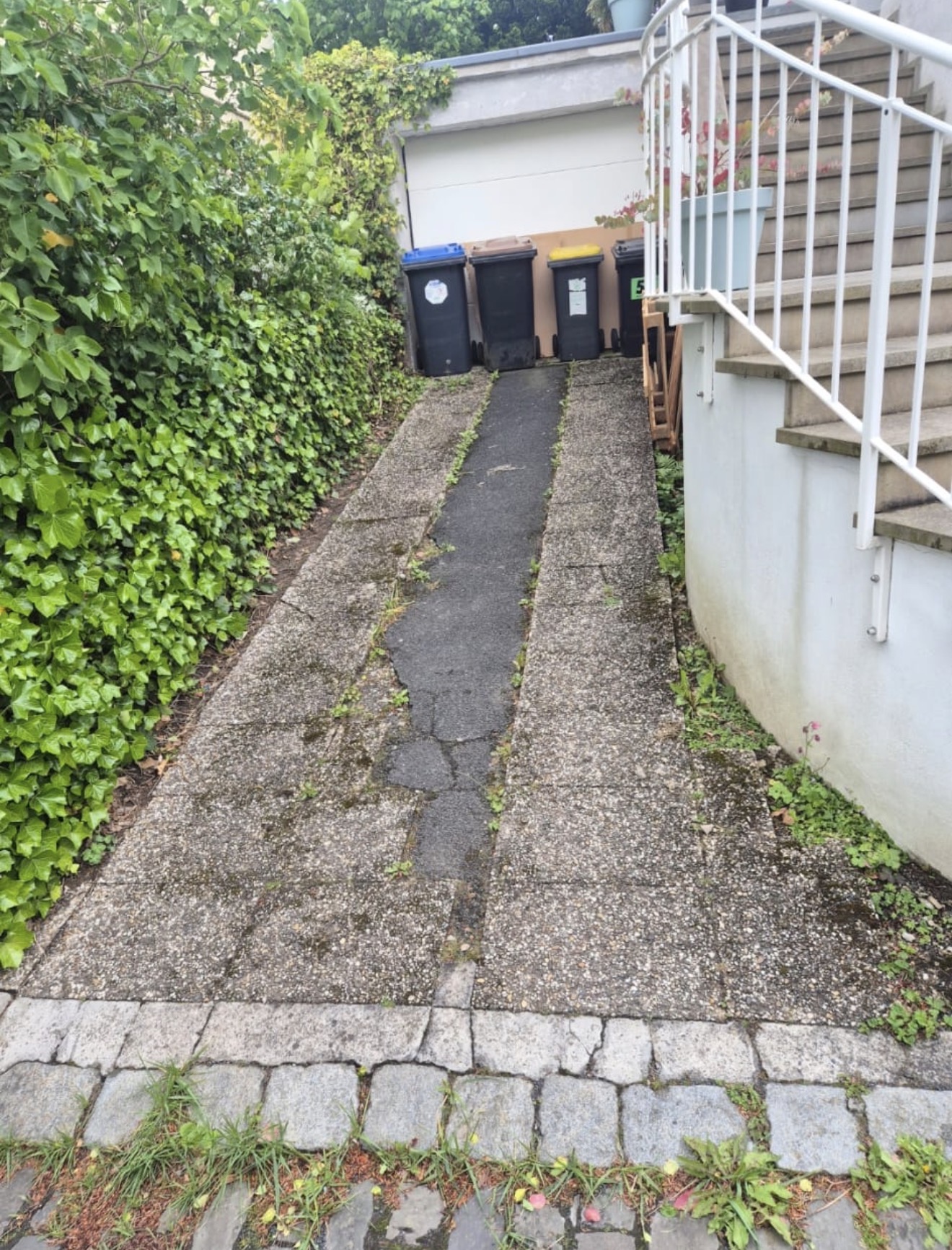 Pflasterarbeiten Solingen – Gartenweg Vorher (alter Zustand) Pflasterarbeiten Solingen: Schadhafter Gartenweg vor der Sanierung mit Rissen und unebenem Pflaster – Syla Gartenbau Solingen Ohligs Wald